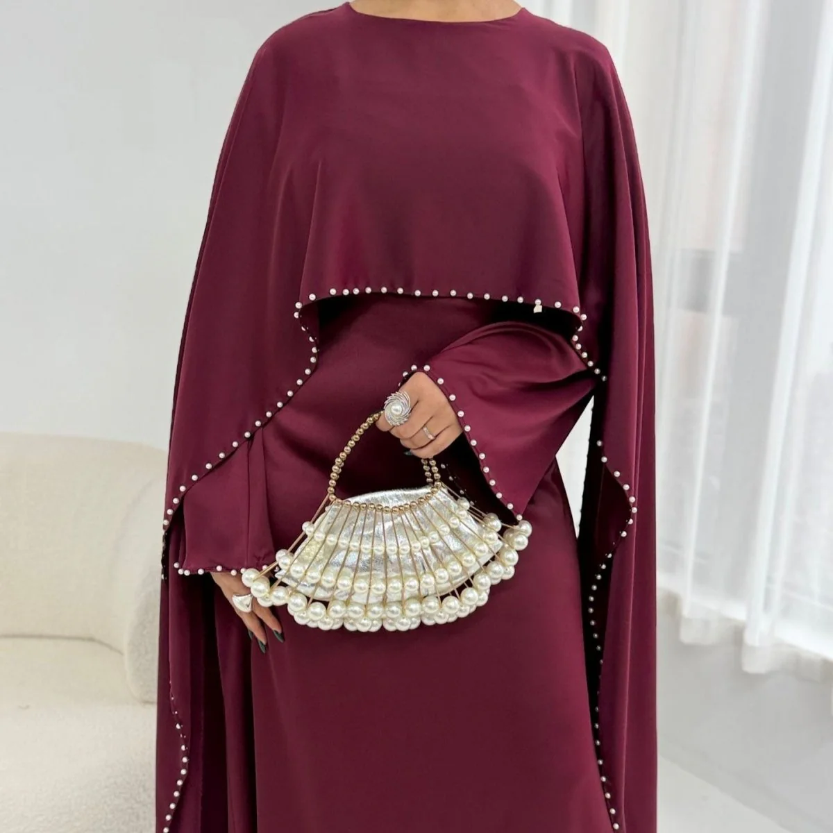 Pearl Embellished Kaftan Abaya | Luxury Cape Sleeve Maxi Dress(MA382) - Image 6