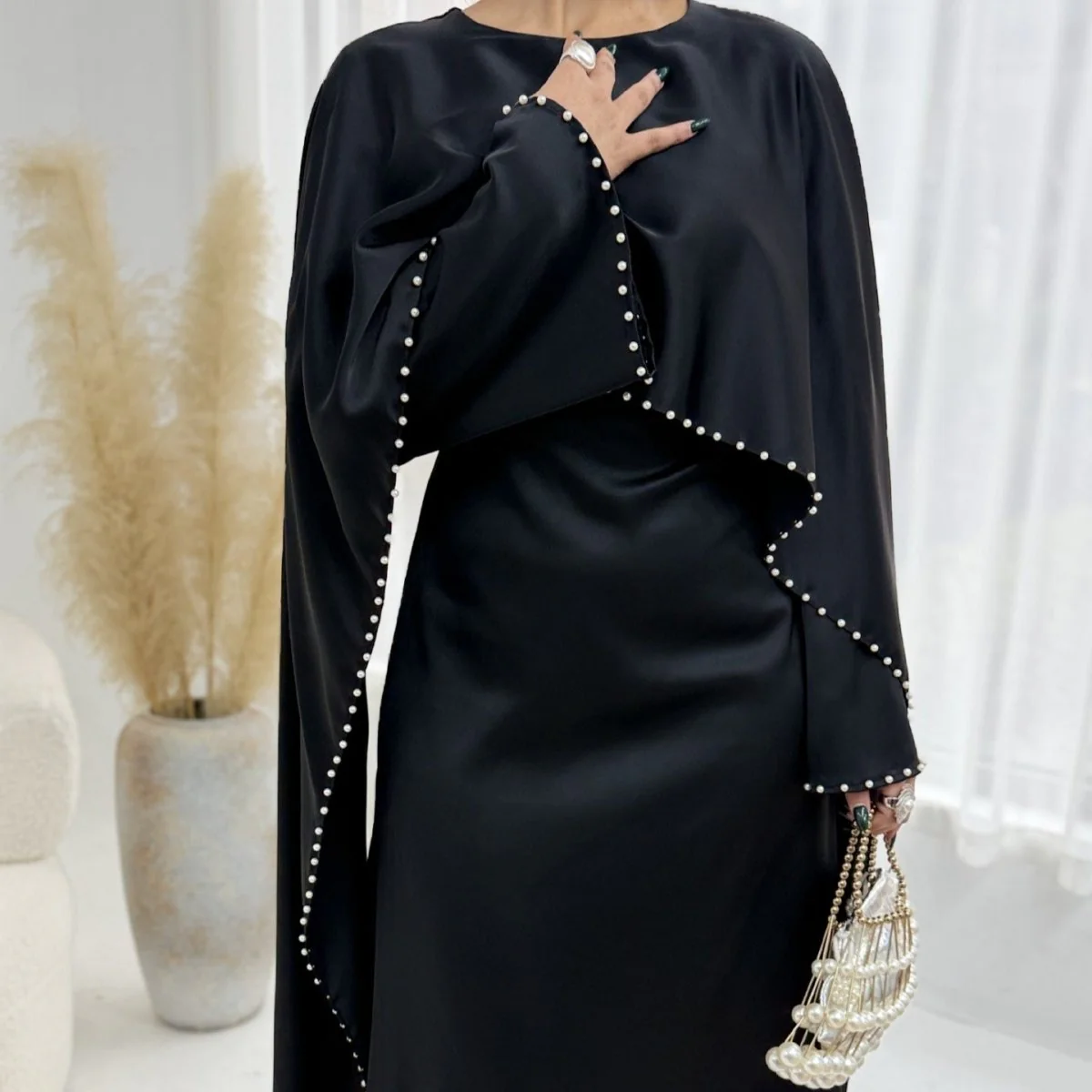 Pearl Embellished Kaftan Abaya | Luxury Cape Sleeve Maxi Dress(MA382) - Image 7