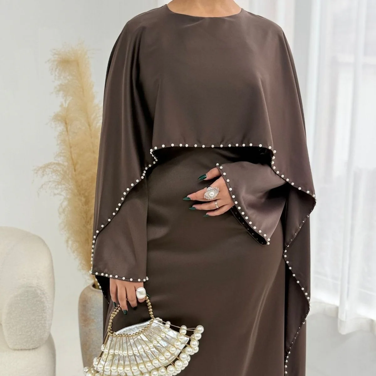 Pearl Embellished Kaftan Abaya | Luxury Cape Sleeve Maxi Dress(MA382) - Image 8