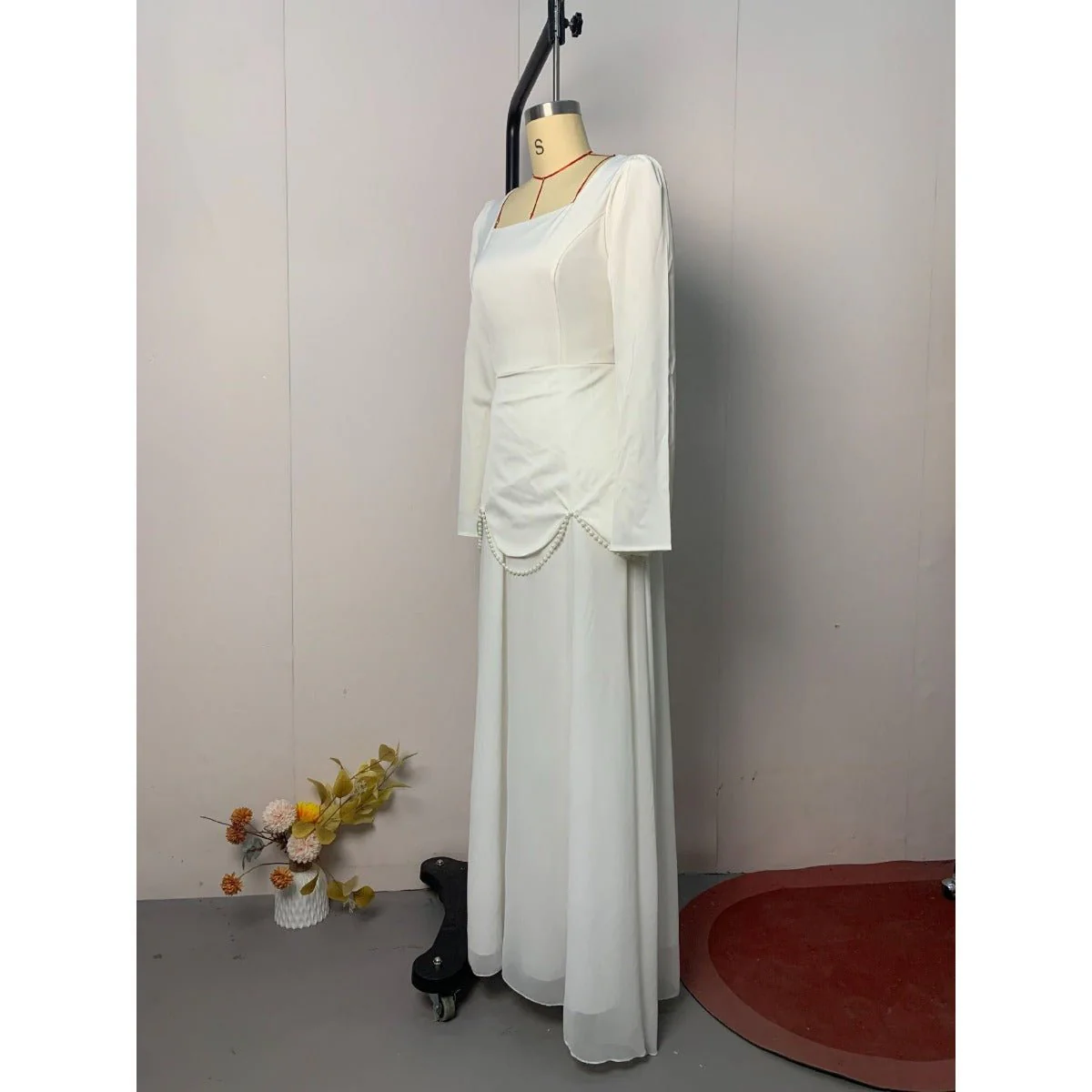 Pearl-Embellished Square Neck Maxi Dress | Modest Gowns with Long Sleeves(MA269) - Image 10