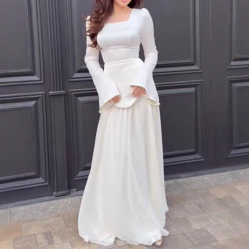 Pearl-Embellished Square Neck Maxi Dress | Modest Gowns with Long Sleeves(MA269) - Image 12