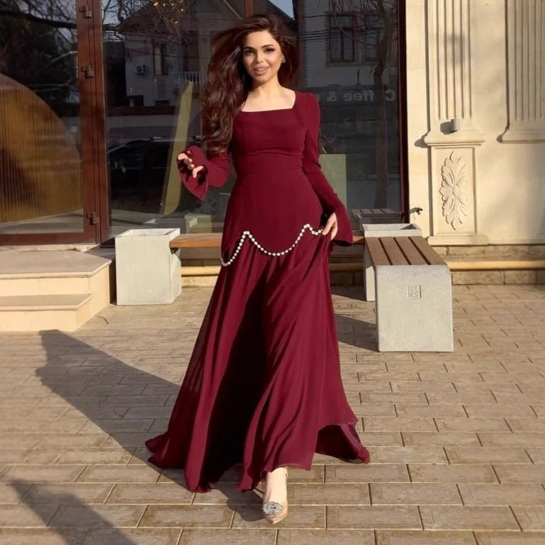 Pearl-Embellished Square Neck Maxi Dress | Modest Gowns with Long Sleeves(MA269) - Image 13