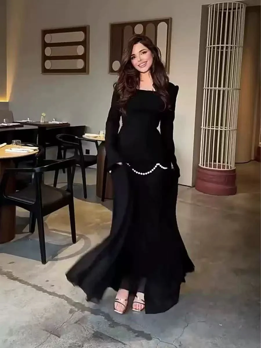 Pearl-Embellished Square Neck Maxi Dress | Modest Gowns with Long Sleeves(MA269) - Image 14