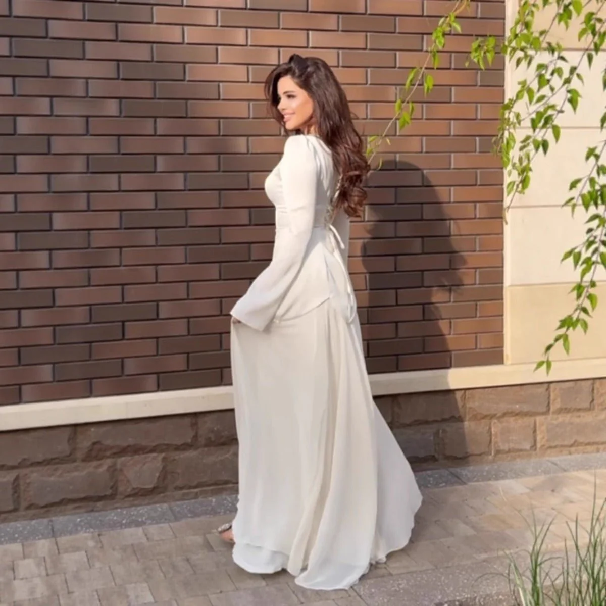 Pearl-Embellished Square Neck Maxi Dress | Modest Gowns with Long Sleeves(MA269) - Image 2