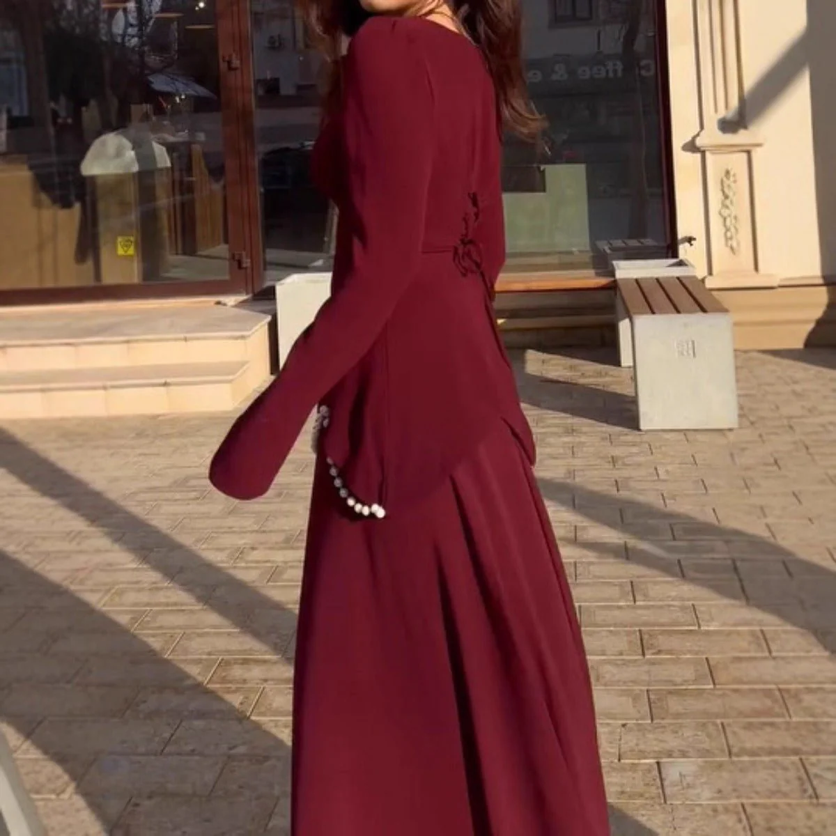 Pearl-Embellished Square Neck Maxi Dress | Modest Gowns with Long Sleeves(MA269) - Image 4