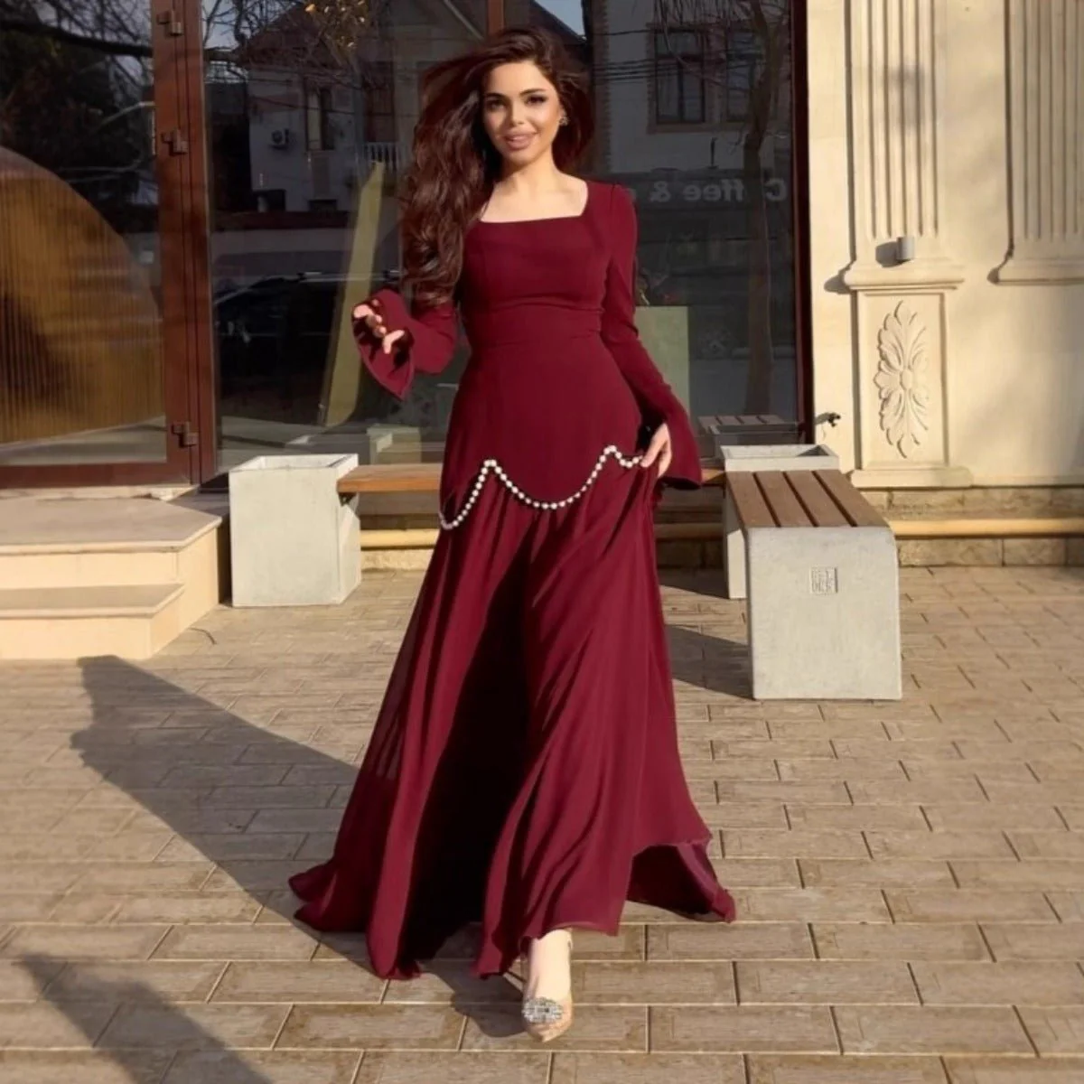 Pearl-Embellished Square Neck Maxi Dress | Modest Gowns with Long Sleeves(MA269) - Image 5