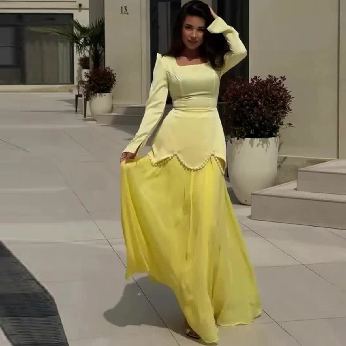 Pearl-Embellished Square Neck Maxi Dress | Modest Gowns with Long Sleeves(MA269) - Image 7