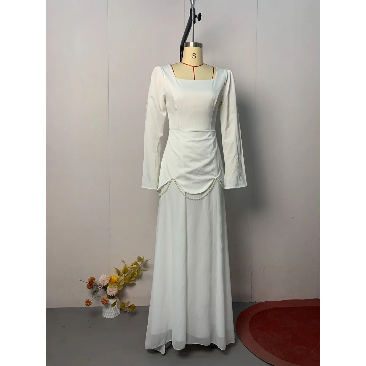 Pearl-Embellished Square Neck Maxi Dress | Modest Gowns with Long Sleeves(MA269) - Image 8