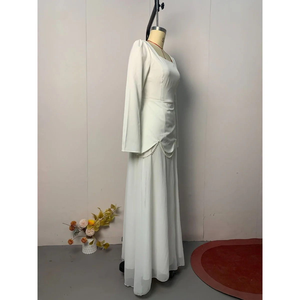 Pearl-Embellished Square Neck Maxi Dress | Modest Gowns with Long Sleeves(MA269) - Image 9