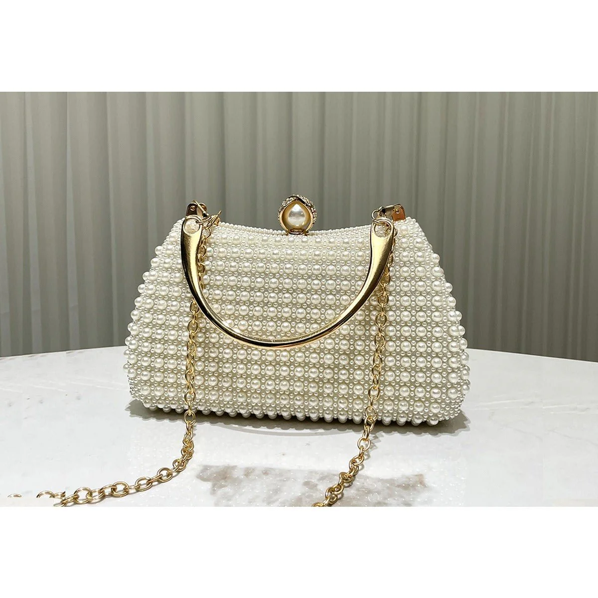 Pearl-Embellished Vintage-Inspired Beaded Box Bag Evening Clutch with Gold Accents (MAC248) - Image 2