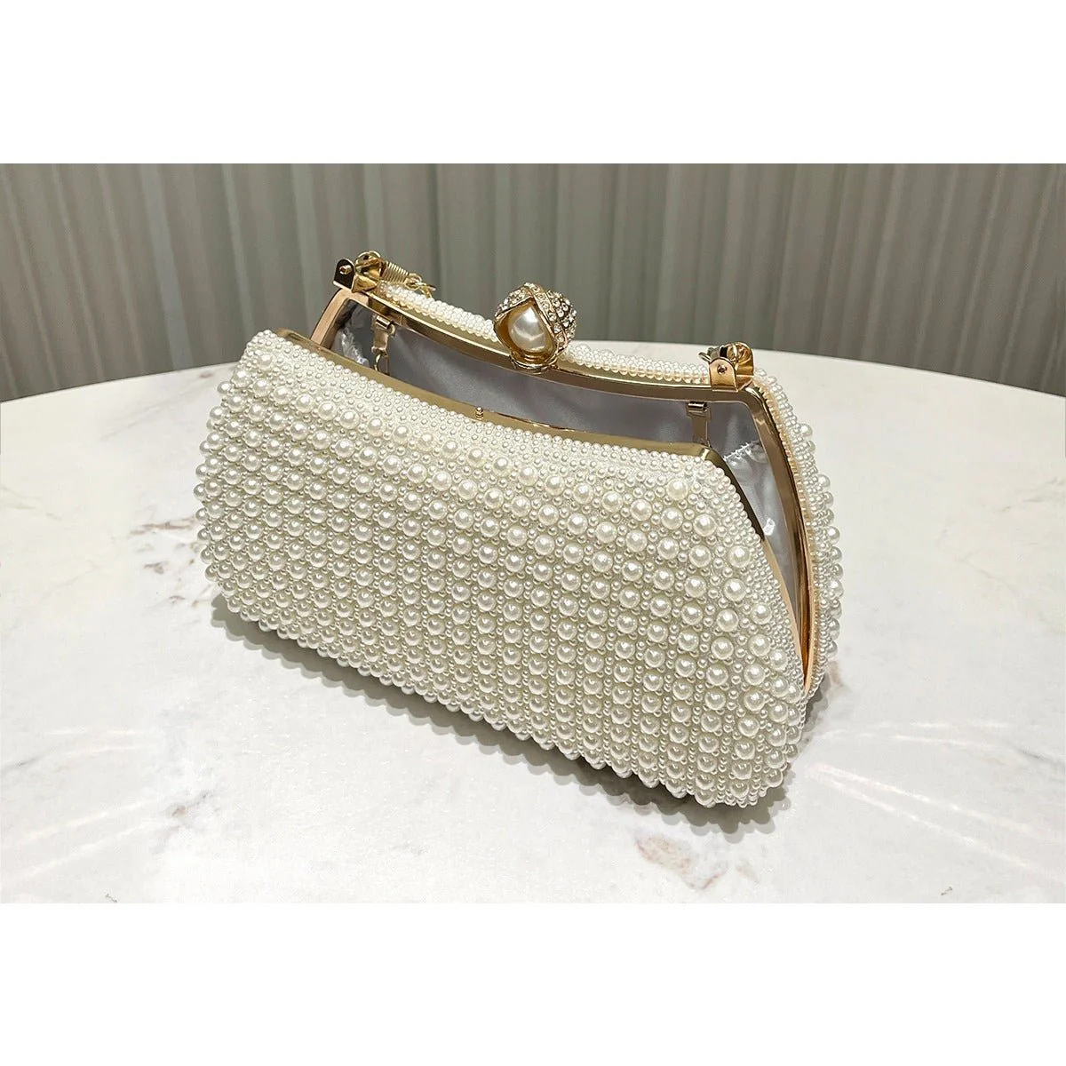 Pearl-Embellished Vintage-Inspired Beaded Box Bag Evening Clutch with Gold Accents (MAC248) - Image 3