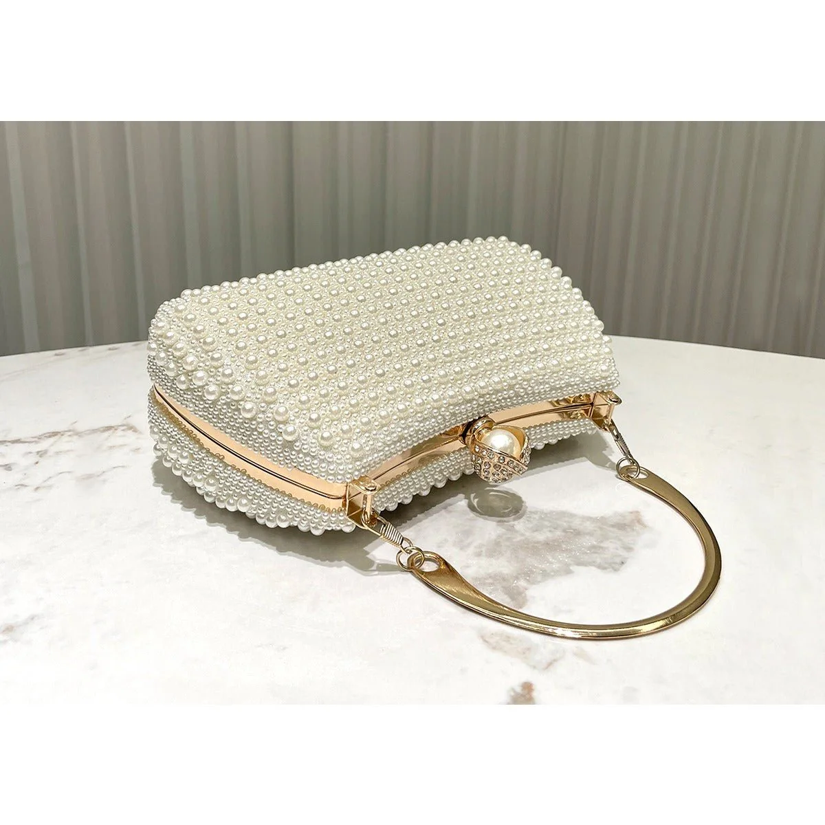 Pearl-Embellished Vintage-Inspired Beaded Box Bag Evening Clutch with Gold Accents (MAC248) - Image 4