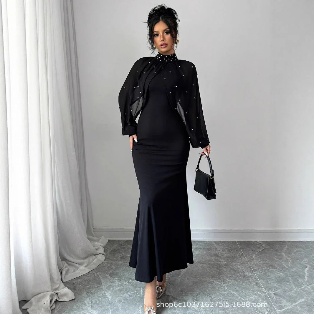 Pearl-Studded Dress with Sheer Puff Sleeves(MS328)