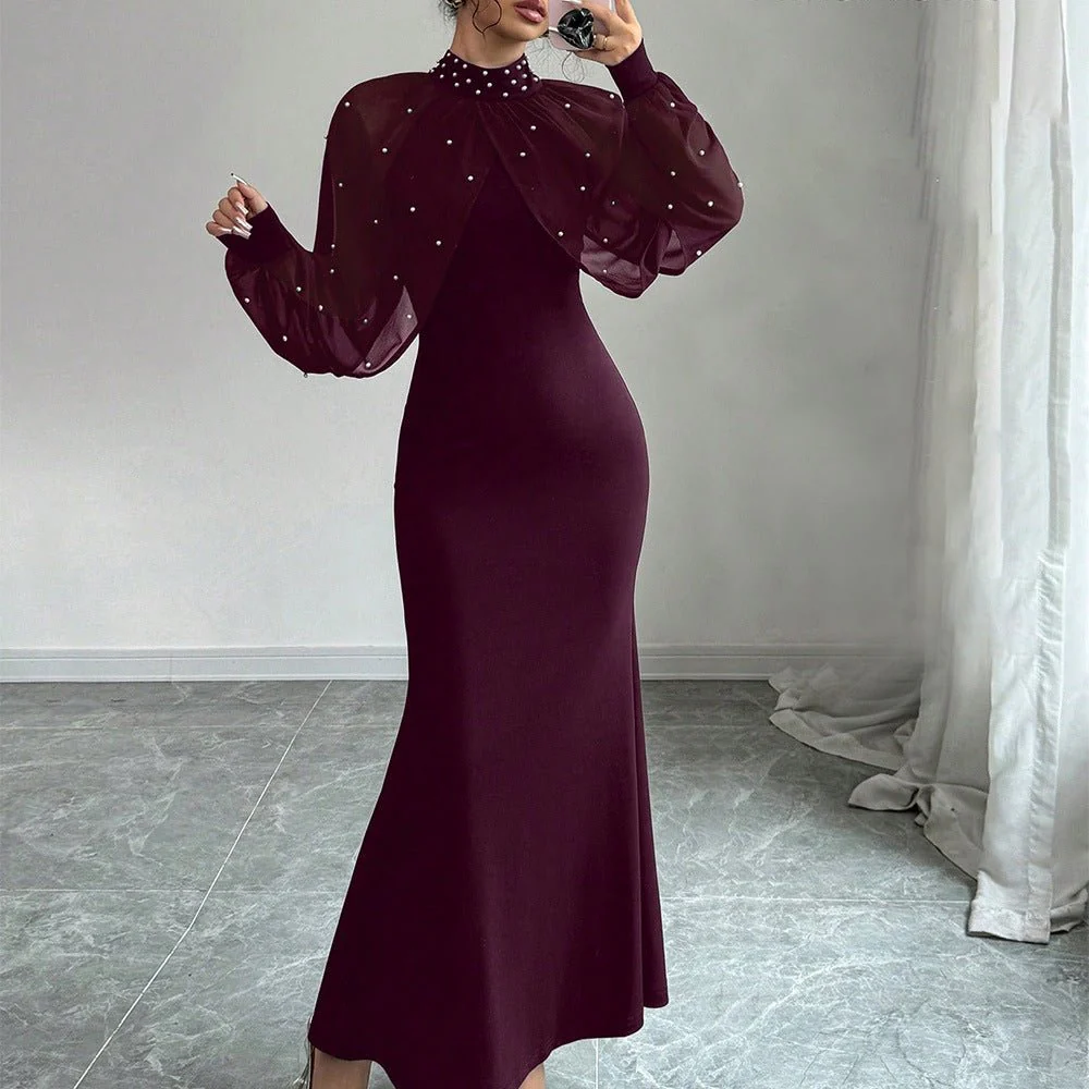 Pearl-Studded Dress with Sheer Puff Sleeves(MS328) - Image 10