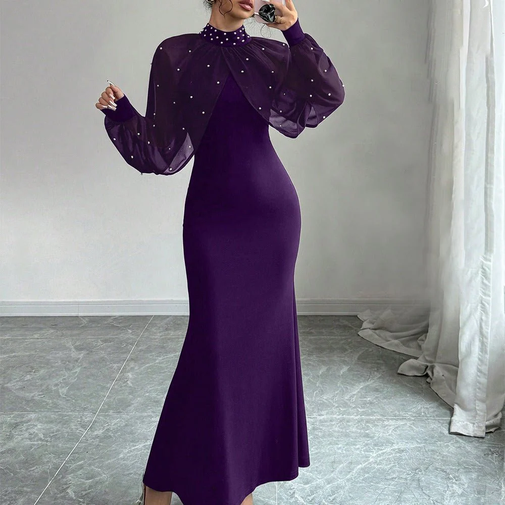 Pearl-Studded Dress with Sheer Puff Sleeves(MS328) - Image 11