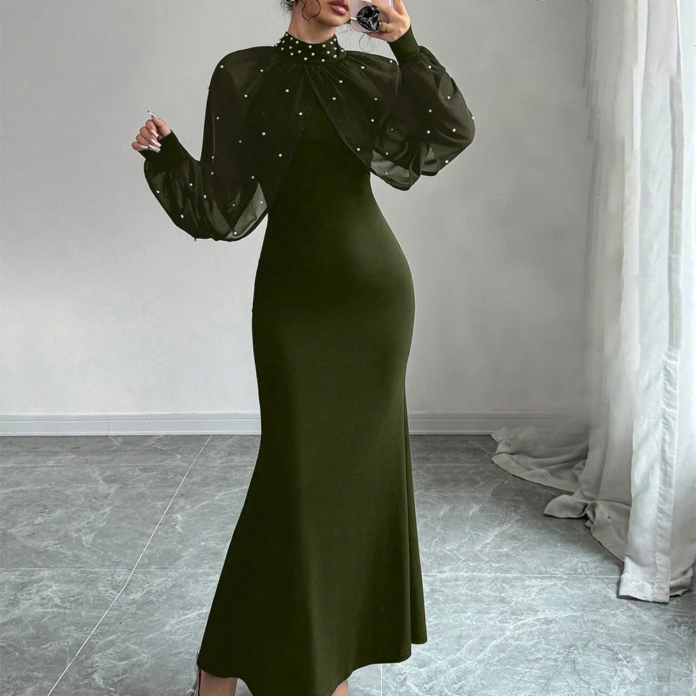 Pearl-Studded Dress with Sheer Puff Sleeves(MS328) - Image 12