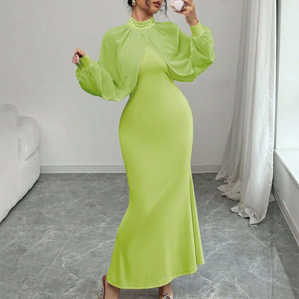 Pearl-Studded Dress with Sheer Puff Sleeves(MS328) - Image 14