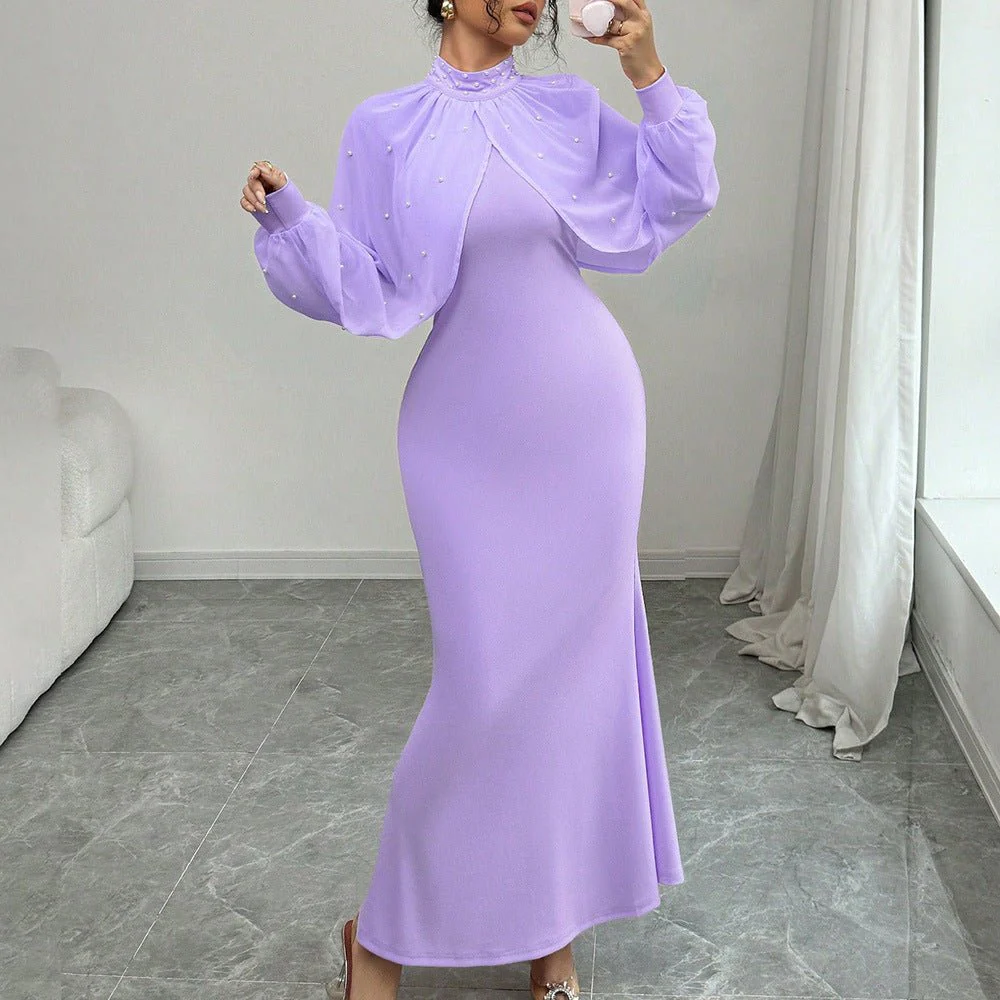 Pearl-Studded Dress with Sheer Puff Sleeves(MS328) - Image 15