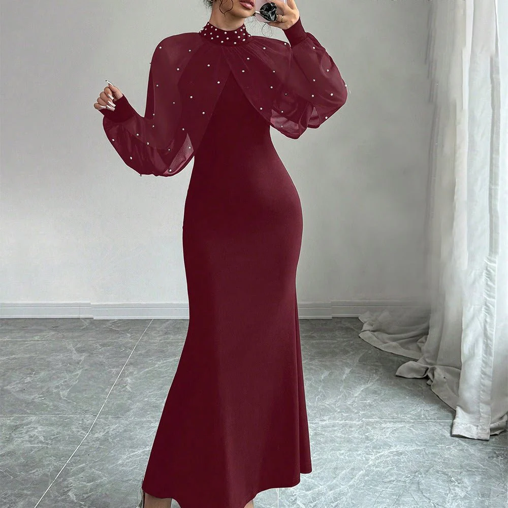 Pearl-Studded Dress with Sheer Puff Sleeves(MS328) - Image 16