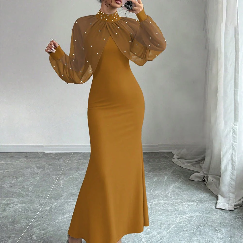 Pearl-Studded Dress with Sheer Puff Sleeves(MS328) - Image 17