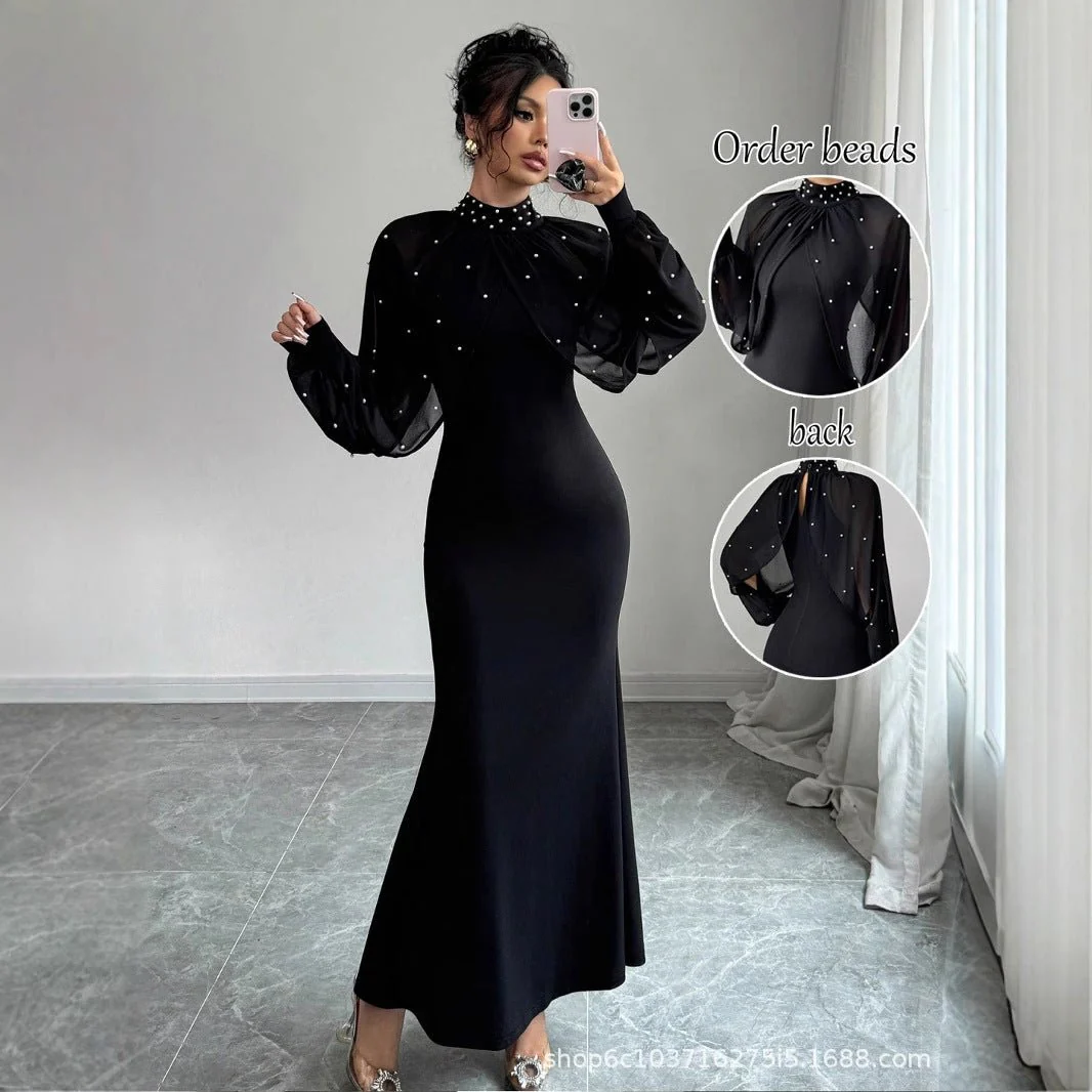Pearl-Studded Dress with Sheer Puff Sleeves(MS328) - Image 2