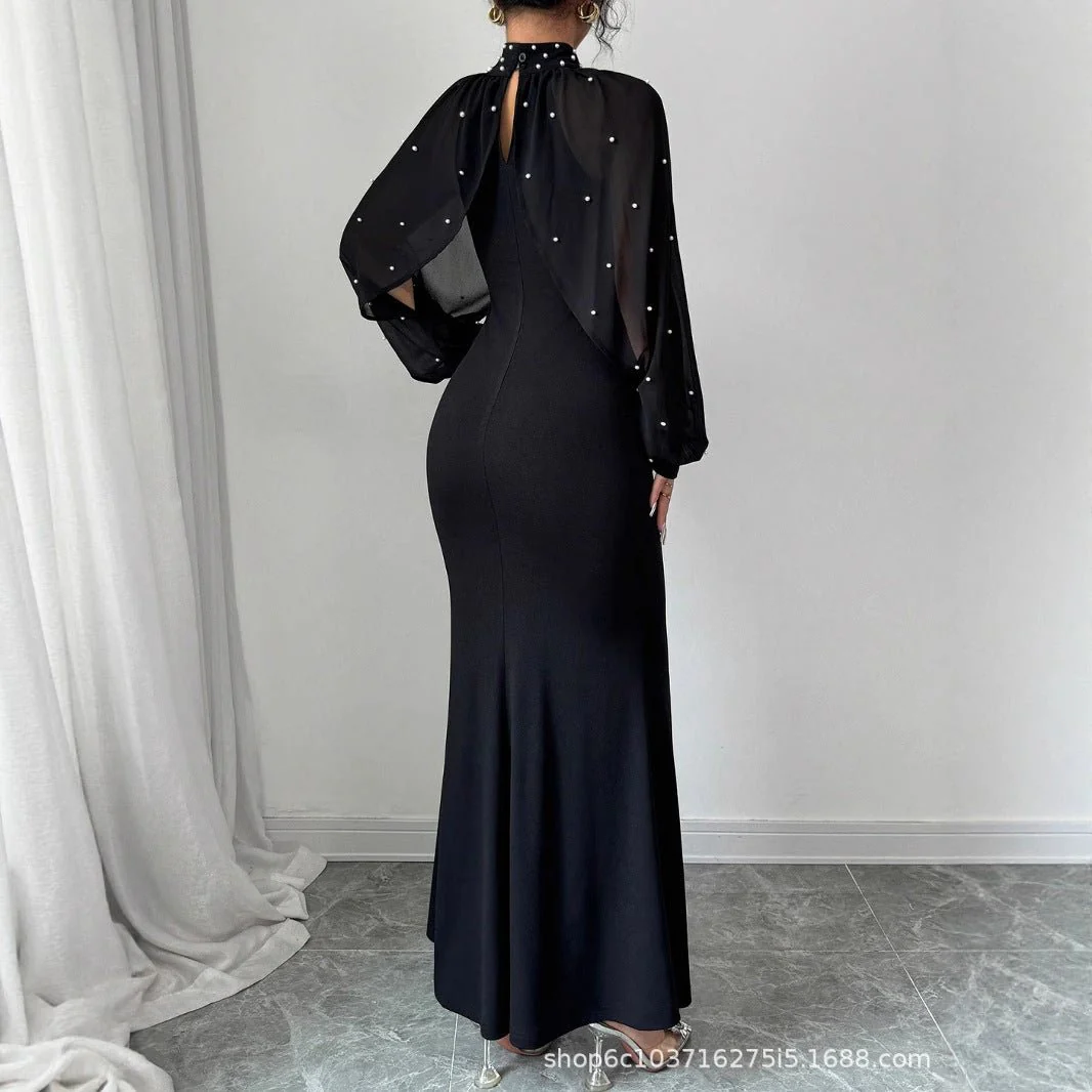 Pearl-Studded Dress with Sheer Puff Sleeves(MS328) - Image 3