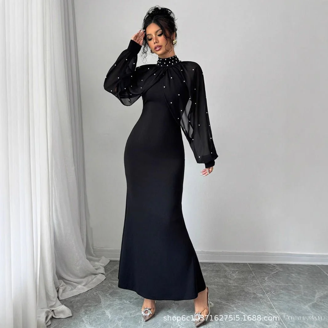 Pearl-Studded Dress with Sheer Puff Sleeves(MS328) - Image 4