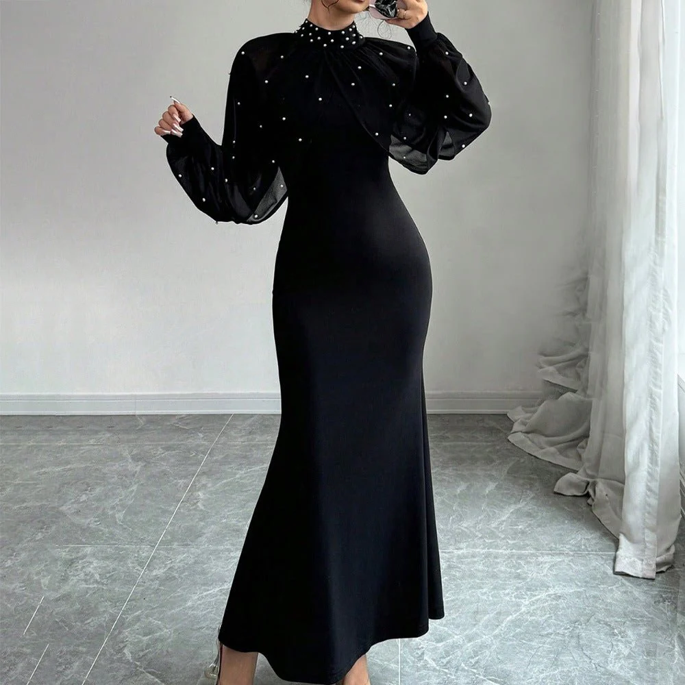 Pearl-Studded Dress with Sheer Puff Sleeves(MS328) - Image 5