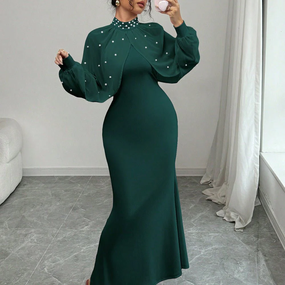 Pearl-Studded Dress with Sheer Puff Sleeves(MS328) - Image 8