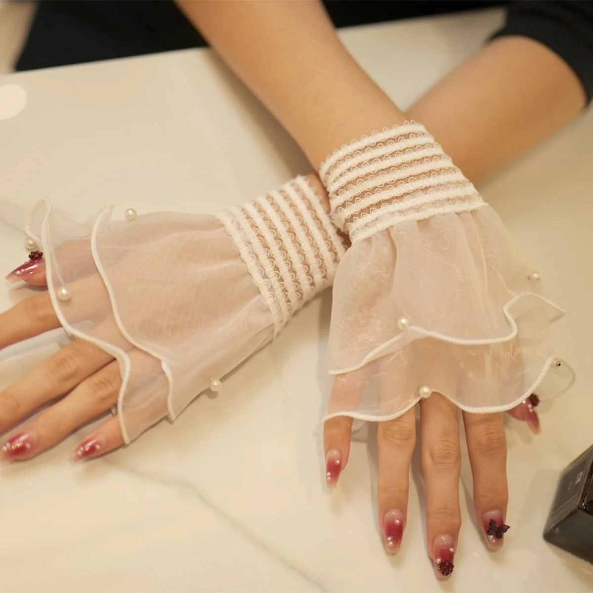 Pearl Trim Organza Ruffle Cuff Sleeves (MAC424) - Image 3
