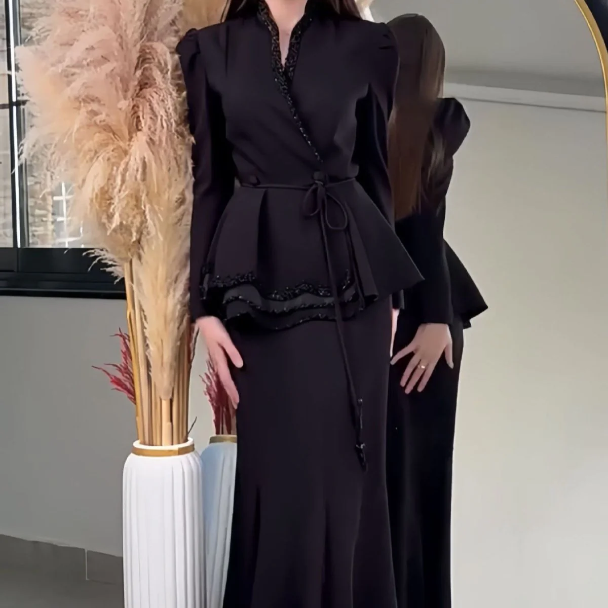 Pearl-Trimmed Blazer & Skirt Set(MS249) - Image 2