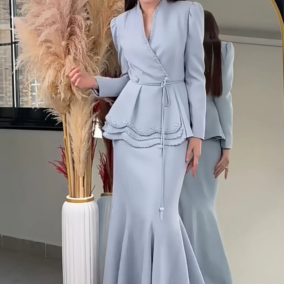 Pearl-Trimmed Blazer & Skirt Set(MS249) - Image 3
