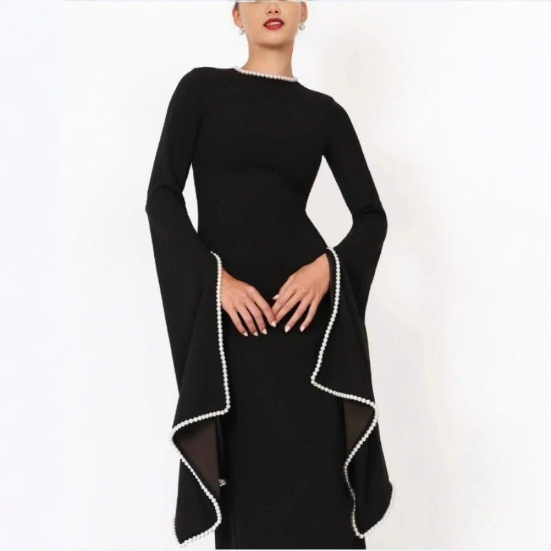 Pearl-Trimmed Cape Sleeve Evening Gown | Fitted Black Maxi Dress(MA355) - Image 2
