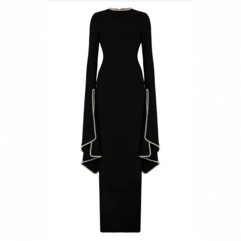 Pearl-Trimmed Cape Sleeve Evening Gown | Fitted Black Maxi Dress(MA355) - Image 3