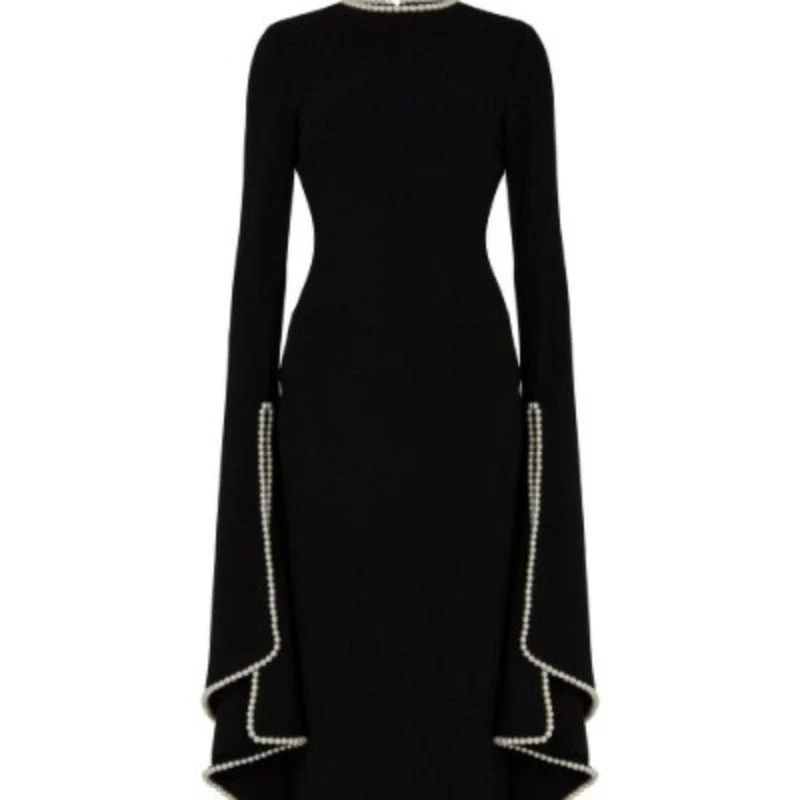 Pearl-Trimmed Cape Sleeve Evening Gown | Fitted Black Maxi Dress(MA355) - Image 4