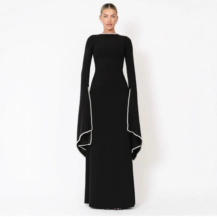 Pearl-Trimmed Cape Sleeve Evening Gown | Fitted Black Maxi Dress(MA355) - Image 5