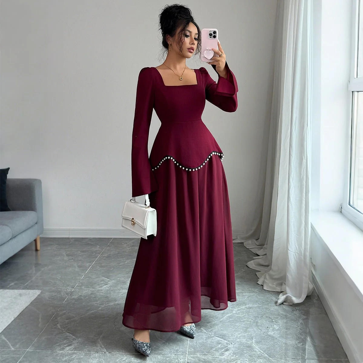 Pearl-Trimmed Peplum Dress with Square Neckline(MS326)