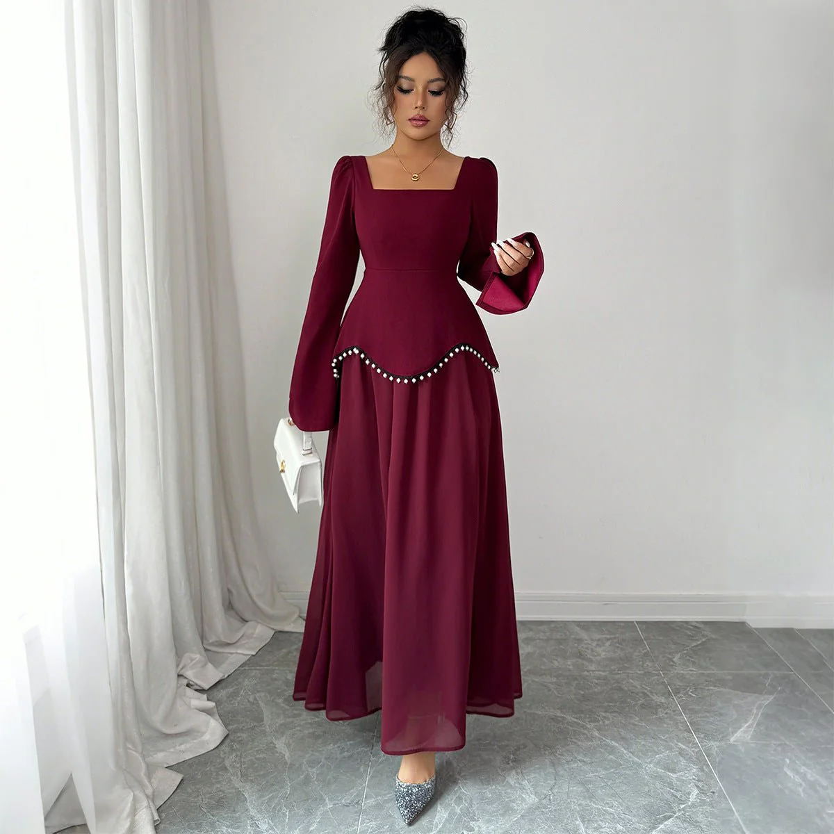 Pearl-Trimmed Peplum Dress with Square Neckline(MS326) - Image 3