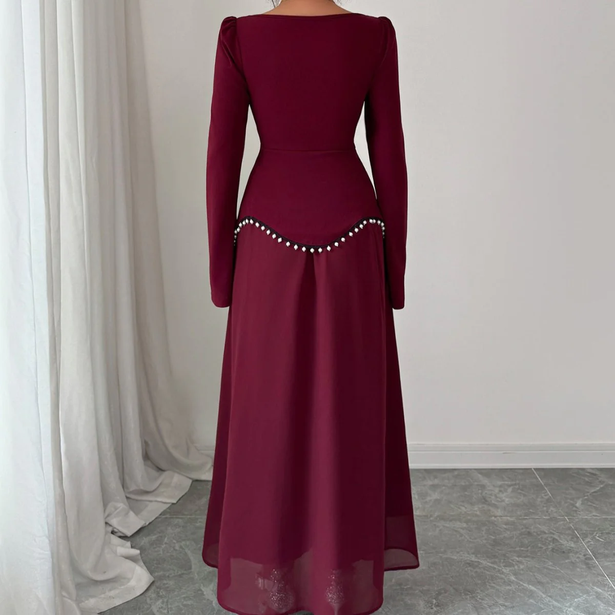 Pearl-Trimmed Peplum Dress with Square Neckline(MS326) - Image 5