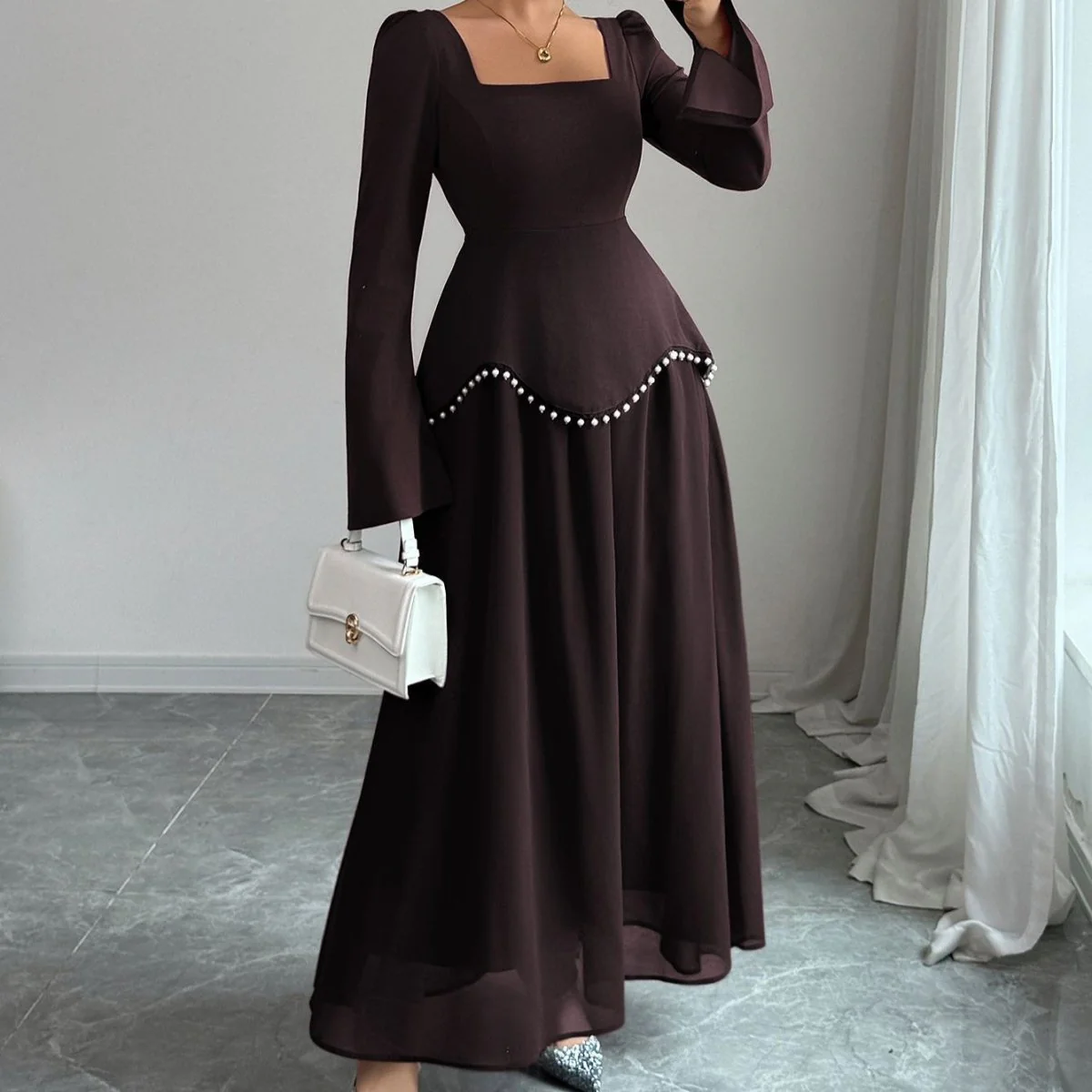 Pearl-Trimmed Peplum Dress with Square Neckline(MS326) - Image 8