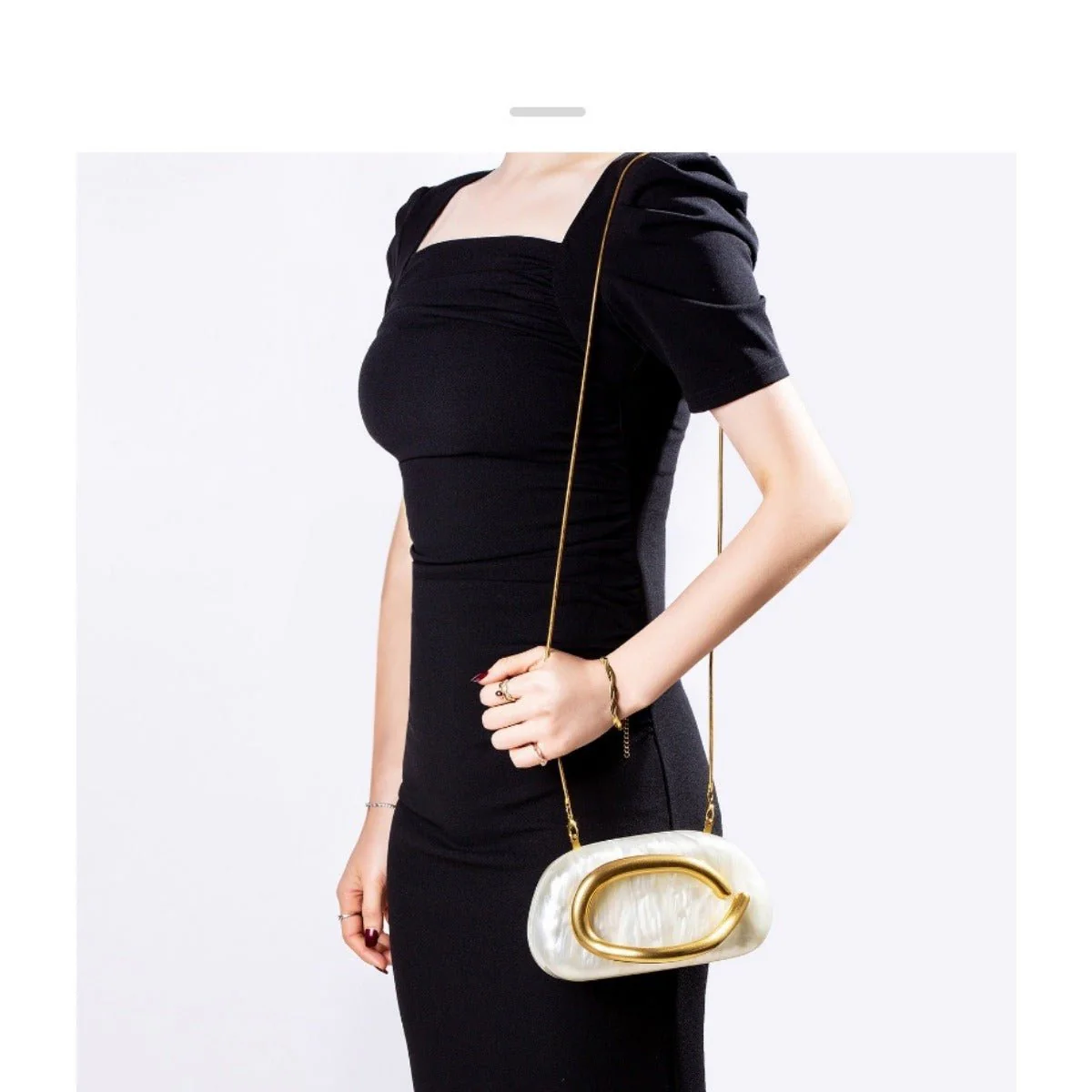 Pearlized Acrylic Gold-Tone Ring Handle Evening Bag - Wedding Banquet Shoulder Messenger Purse (MAC250) - Image 10