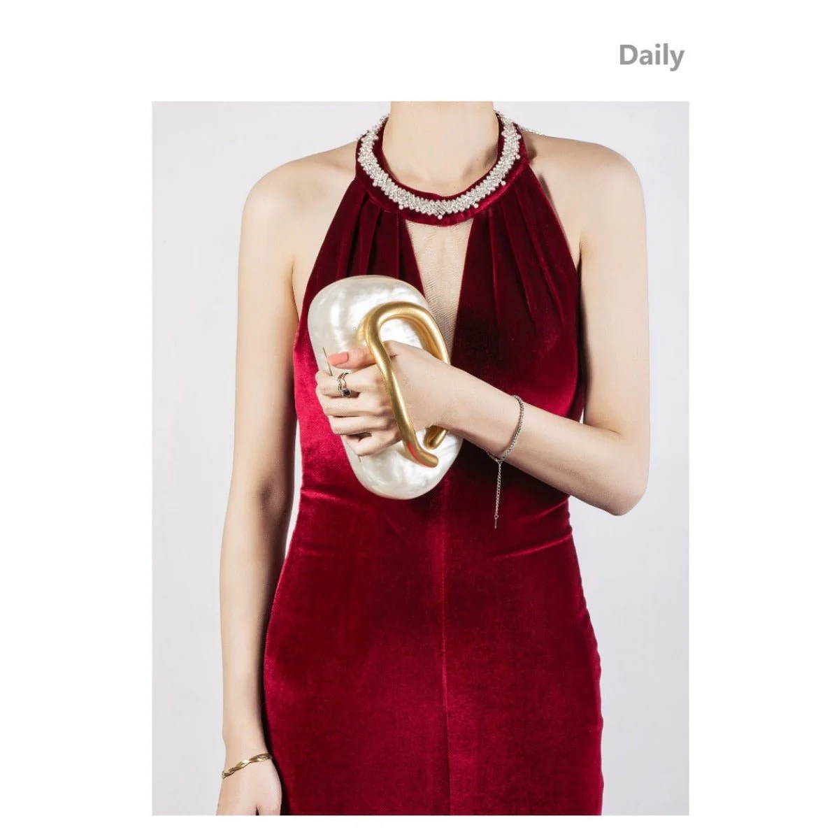 Pearlized Acrylic Gold-Tone Ring Handle Evening Bag - Wedding Banquet Shoulder Messenger Purse (MAC250) - Image 11