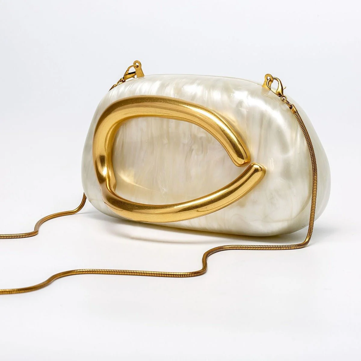 Pearlized Acrylic Gold-Tone Ring Handle Evening Bag - Wedding Banquet Shoulder Messenger Purse (MAC250) - Image 2