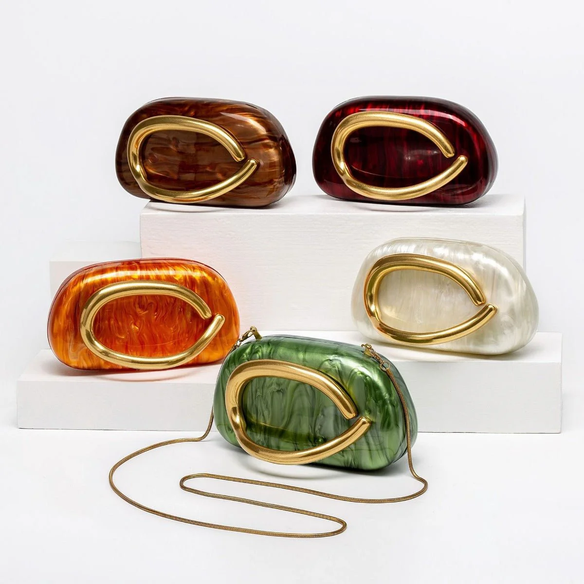 Pearlized Acrylic Gold-Tone Ring Handle Evening Bag - Wedding Banquet Shoulder Messenger Purse (MAC250) - Image 9