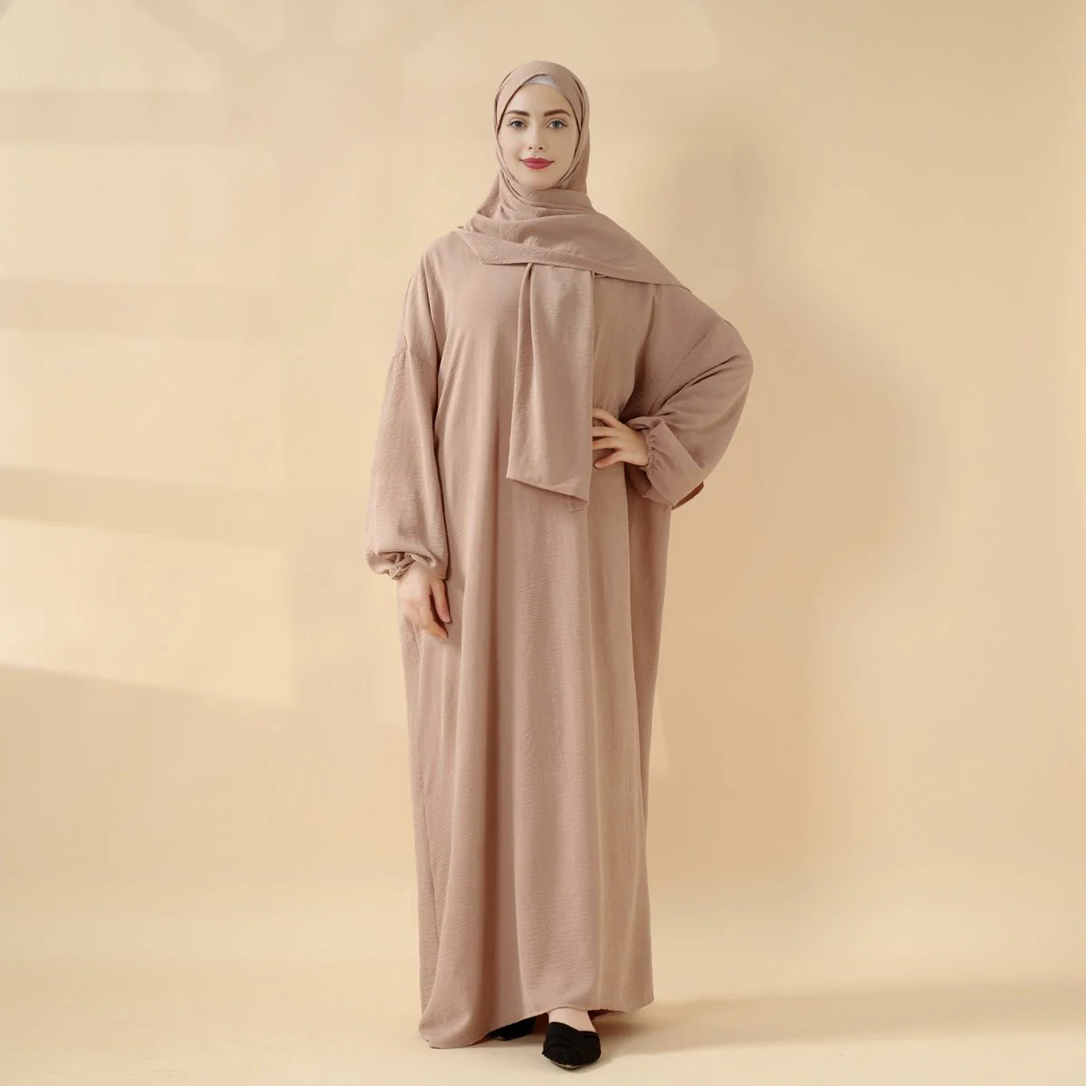 Cocoon-Cut Crepe Abaya Perfect For Umrah With One-Piece Hijab Attached (MA143)