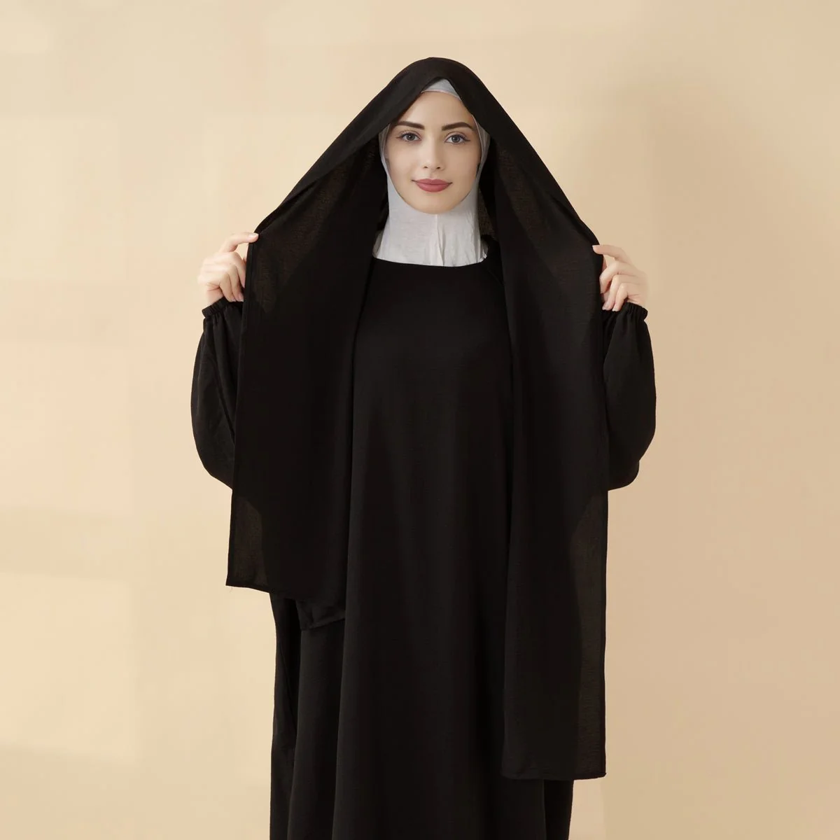 Cocoon-Cut Crepe Abaya Perfect For Umrah With One-Piece Hijab Attached (MA143) - Image 3
