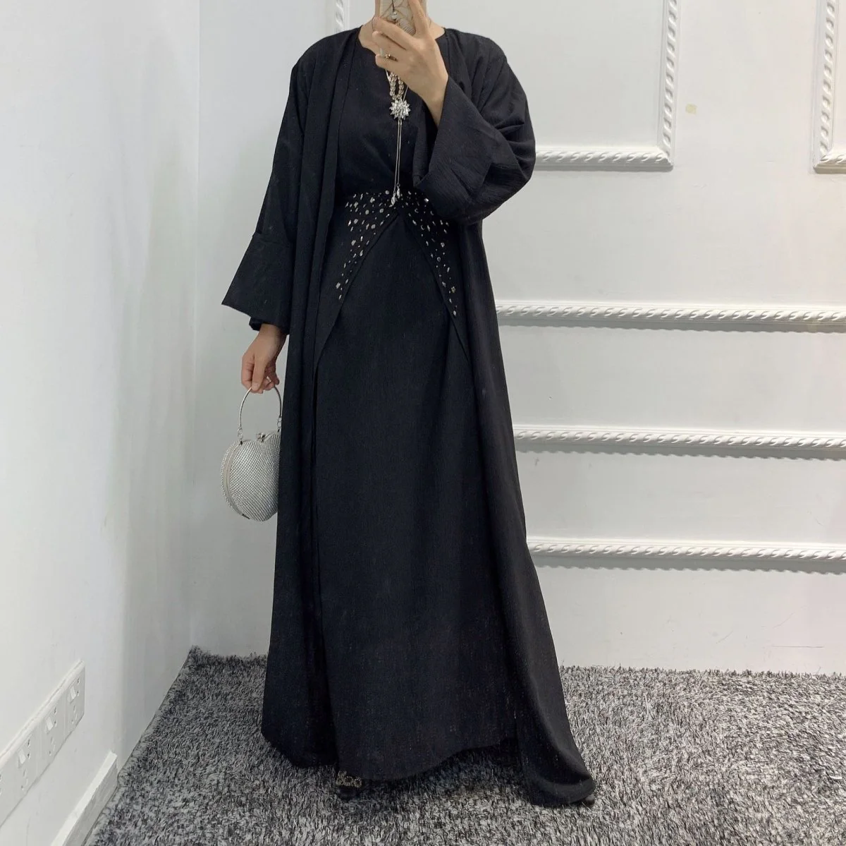 Pineapple Crinkle Solid Color Elegant Open Abaya 3-Piece Set (MOA131) - Image 2