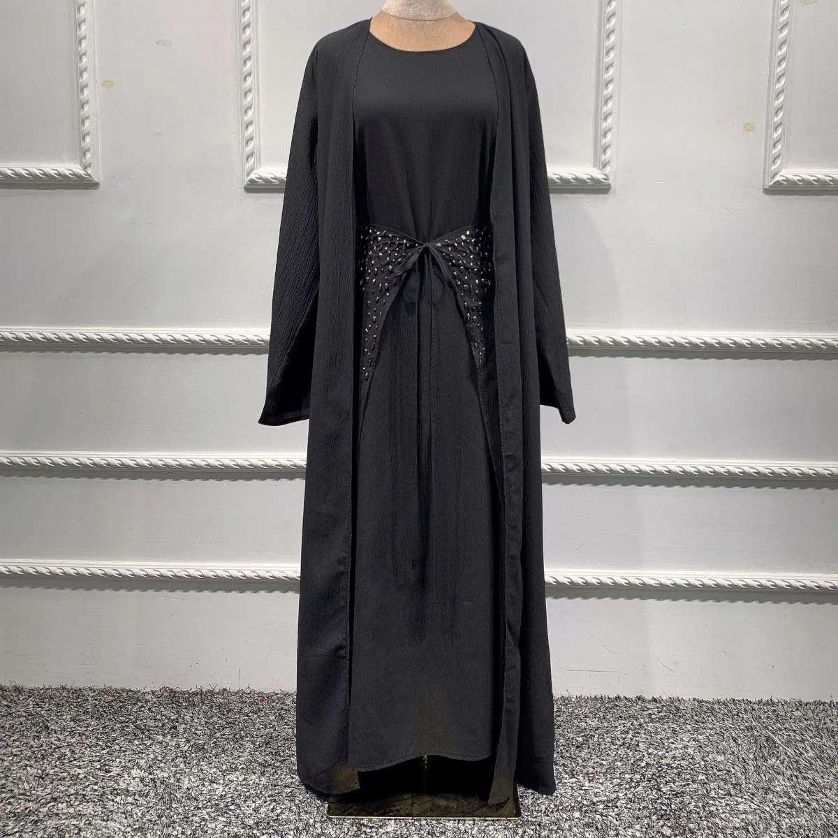 Pineapple Crinkle Solid Color Elegant Open Abaya 3-Piece Set (MOA131) - Image 4