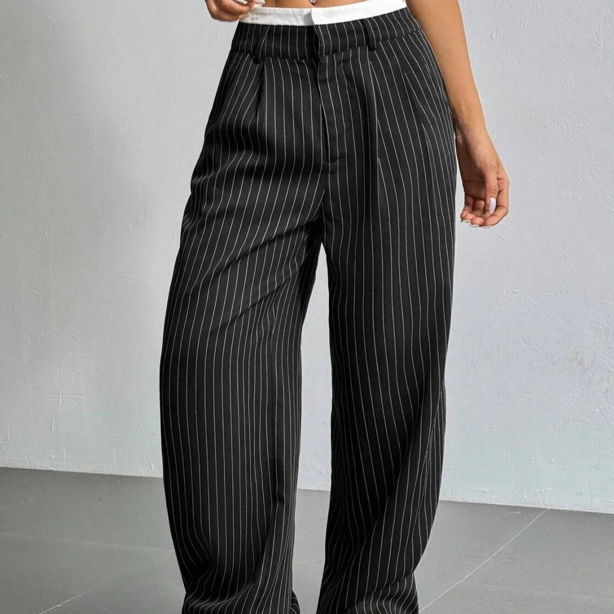 Pinstripe Wide-Leg Pants | High Waist Contrast Waistband Trousers(MS244) - Image 2