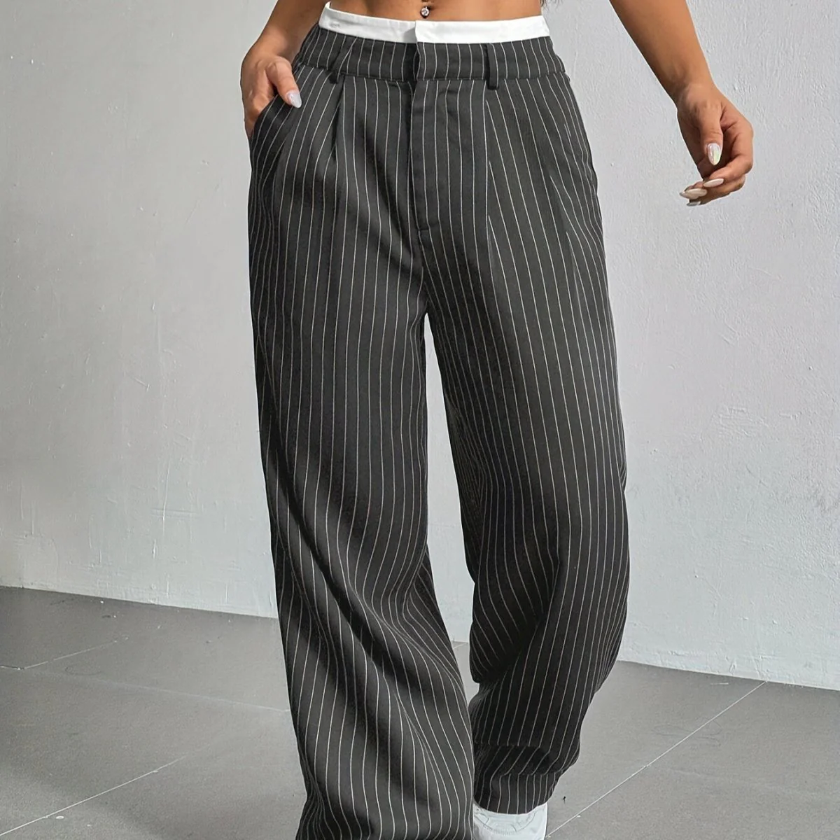 Pinstripe Wide-Leg Pants | High Waist Contrast Waistband Trousers(MS244) - Image 3
